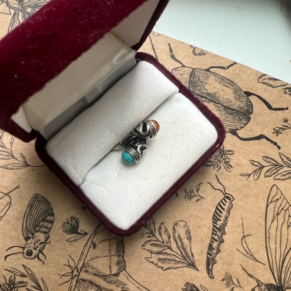 Vintage Sterling Silver Tribal Statement Ring w/ Turquoise & Amber Stones